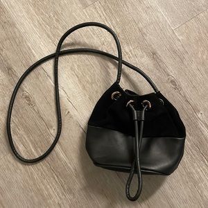 Mini Black Bucket Bag with Drawstring closure and Cross Body Strap